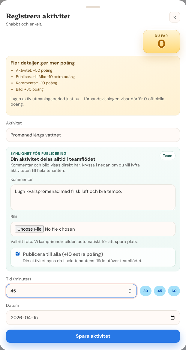 Formulär för att skapa aktivitet